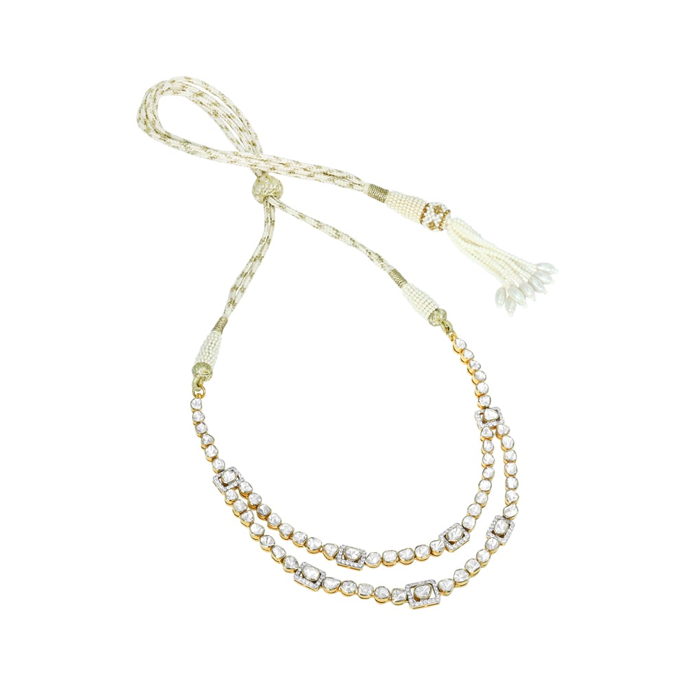 Double-Layer Polki Necklace with Round and Square Motifs